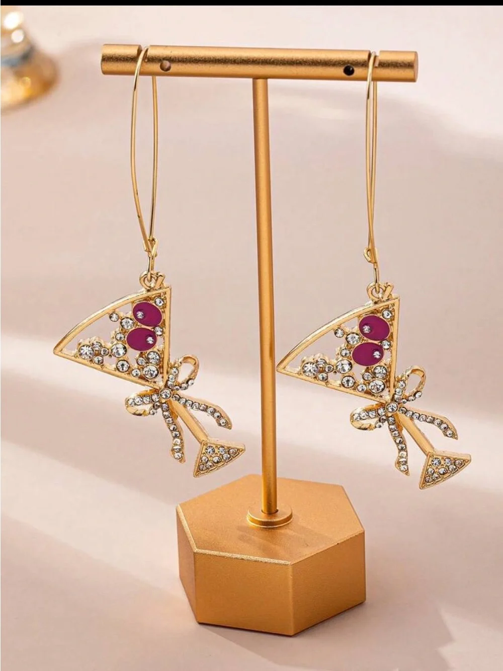 Gold Cocktail Glass Drop Earrings with Pink Accents